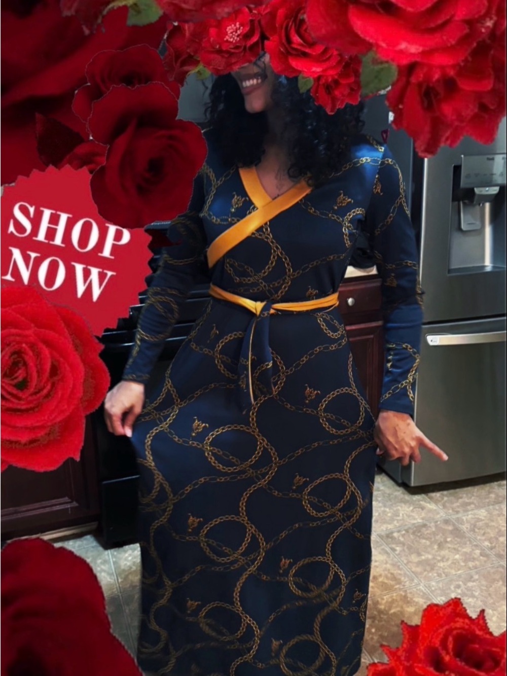 Navy Maxi Wrap Dress with Gold Chain Detail